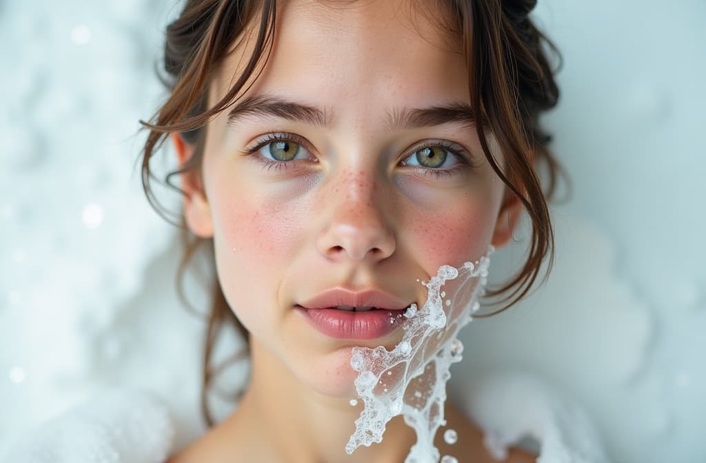  professional detailed photography, cropped view face of girl in splashed ice water on white background, concept of skin sensitivity to cold, cold palette, naturalness , (muted colors, dim colors, soothing tones), (vsco:0.3)