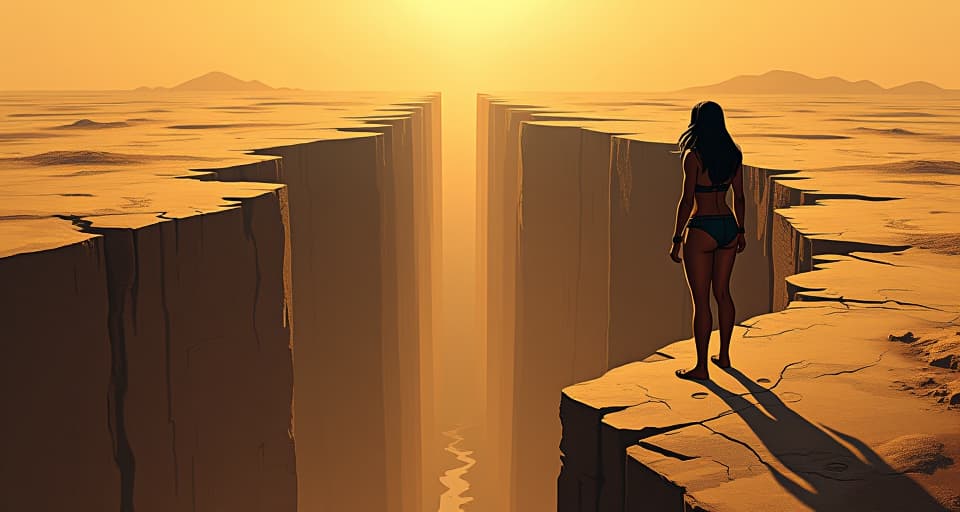  an egyptian landscape with a deep chasm in the earth, the ground split apart, a large busted figure in a tight, sheer outfit standing at the edge, looking down with a sense of profound loss. the style is digital art illustration / modern comic book / mysterious occult, symbolic, esoteric vibe,high detail on character design, incorporating ancient egyptian symbology and attire.