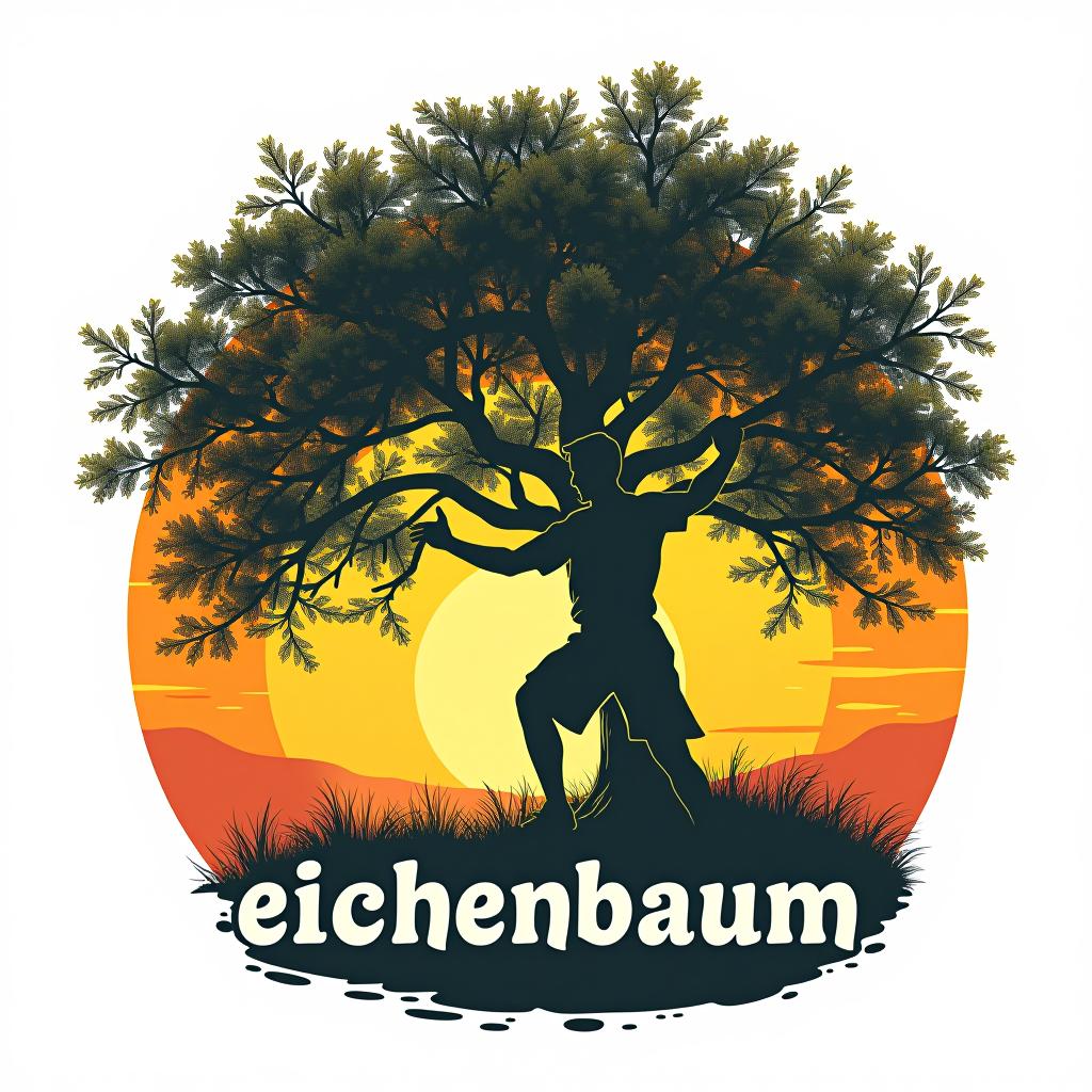  design a logo, in a realism style. sportlicher deutscher mann unter einem eichenbaum im sonnenaufgang , with the text 'eichenbaum '.