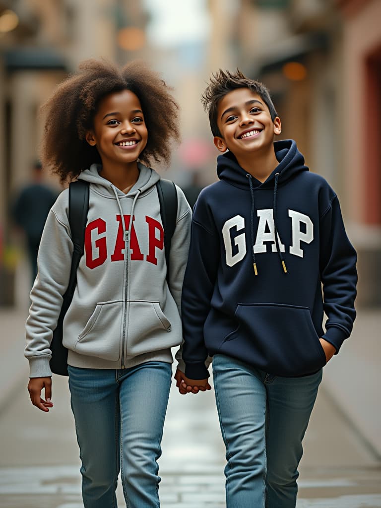  jóvenes en sudadera estilo "hudi" gap: una pareja de jóvenes sonrientes, vestidos con sudaderas estilo "hudi" de la marca gap, de pie en un entorno urbano, como una calle de la ciudad o un parque.