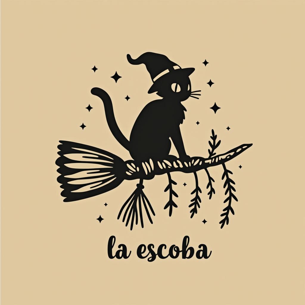  design a logo, in a minimalism style. witchy, black cat riding on a broom, dried herbs hanging off broom, cottage core aesthetic, crystals,spells, with the text 'la escoba'.