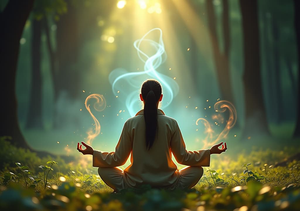  a serene forest scene with a person in a meditative pose, fingers poised to snap, surrounded by ethereal light and swirling energy, while vibrant nature blooms around them, embodying spiritual awakening and connection. hyperrealistic, full body, detailed clothing, highly detailed, cinematic lighting, stunningly beautiful, intricate, sharp focus, f/1. 8, 85mm, (centered image composition), (professionally color graded), ((bright soft diffused light)), volumetric fog, trending on instagram, trending on tumblr, HDR 4K, 8K