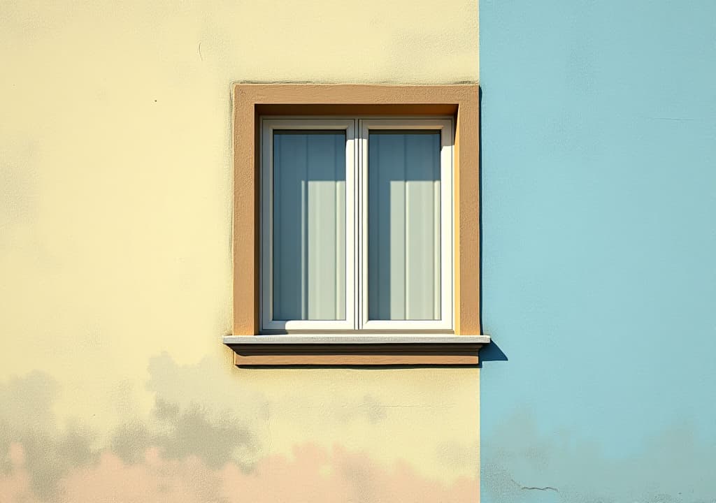  on the freshly painted wall of a house there is a single closed window. illustration for cover, card, postcard, interior design, banner, poster, brochure or presentation.