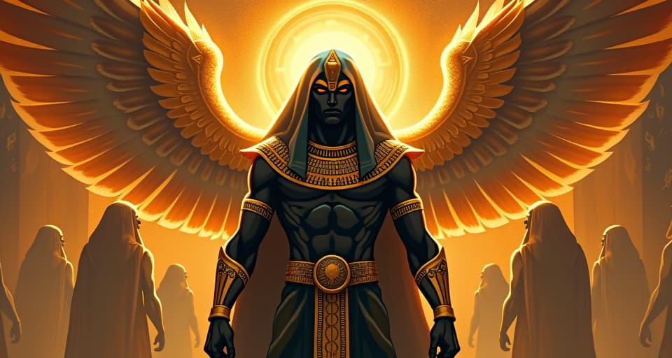  shimmering forms of ancestral spirits, periphery of vision, enhancing the figure's strength, solemn and resolute presence. the style is digital art illustration / modern comic book / mysterious occult, symbolic, esoteric vibe,high detail on character design, incorporating ancient egyptian symbology and attire.