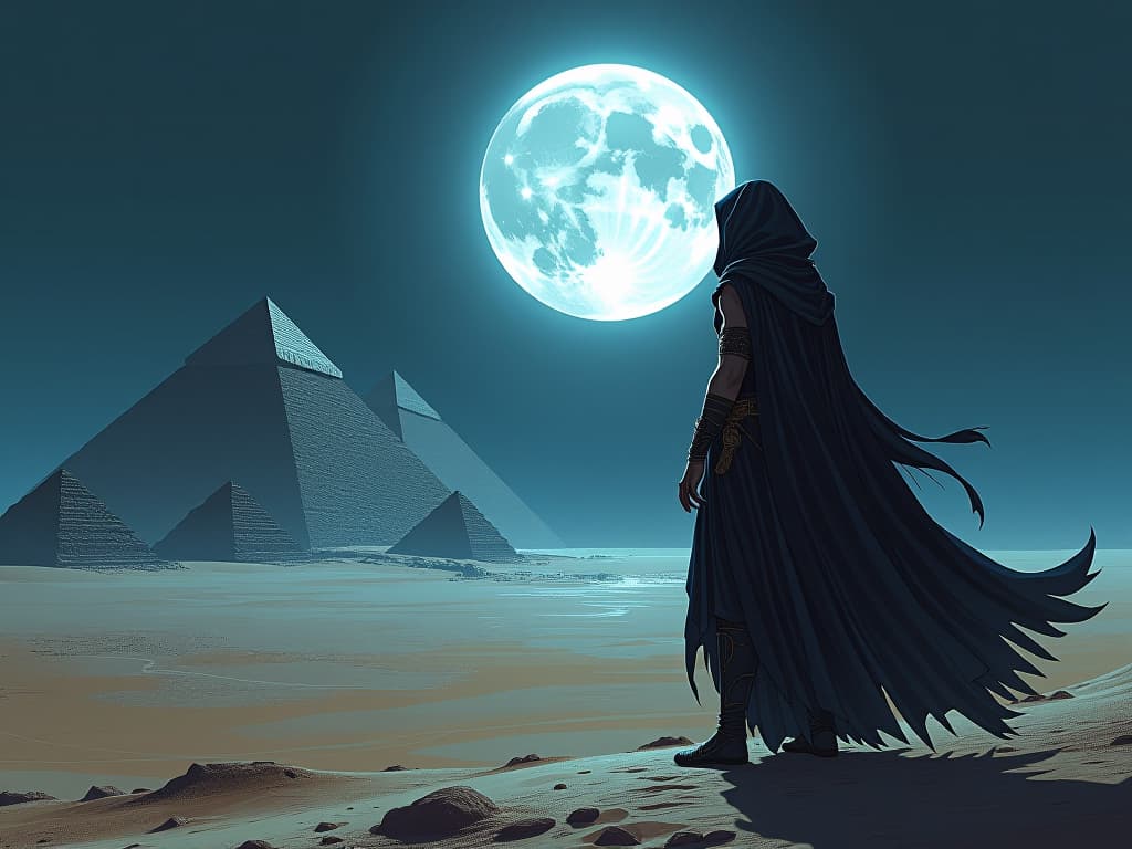  full moon, bright silver glow, illuminating the vast desert, casting long shadows, ancient pyramids in the background, serene and ethereal mood. the style is digital art illustration / modern comic book / mysterious occult, symbolic, esoteric vibe,high detail on character design, incorporating ancient egyptian symbology and attire.