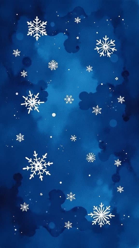  artwork gentle whimsical tiny white snowflakes of different shapes all around against navy blue background ar 9:16, watercolor techniques, featuring fluid colors, subtle gradients, transparency associated with watercolor art