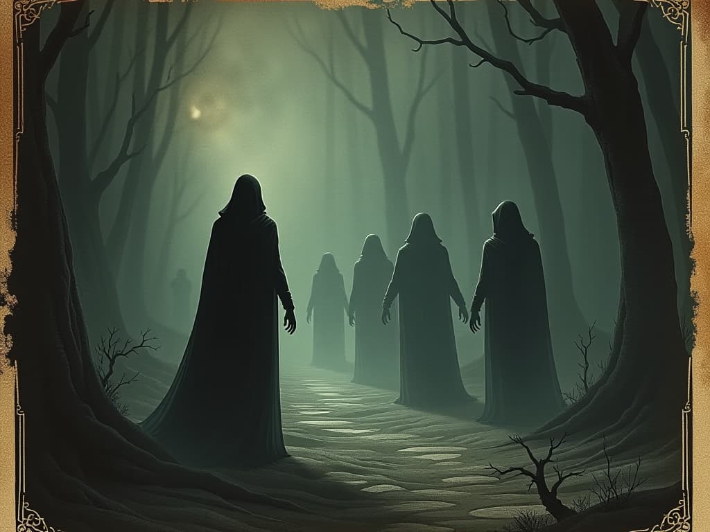  indistinct forms, faint light trails depicting motion, guardian figures in shadowy environment, sense of movement and subtle protection, dynamic, mystical. an illustration in the style of a worn, mystical old tarot trump card, mysterious and elements of surrealism. the colors are muted, somber and eerie, but with contrast bring out an occult and esoteric vibe.