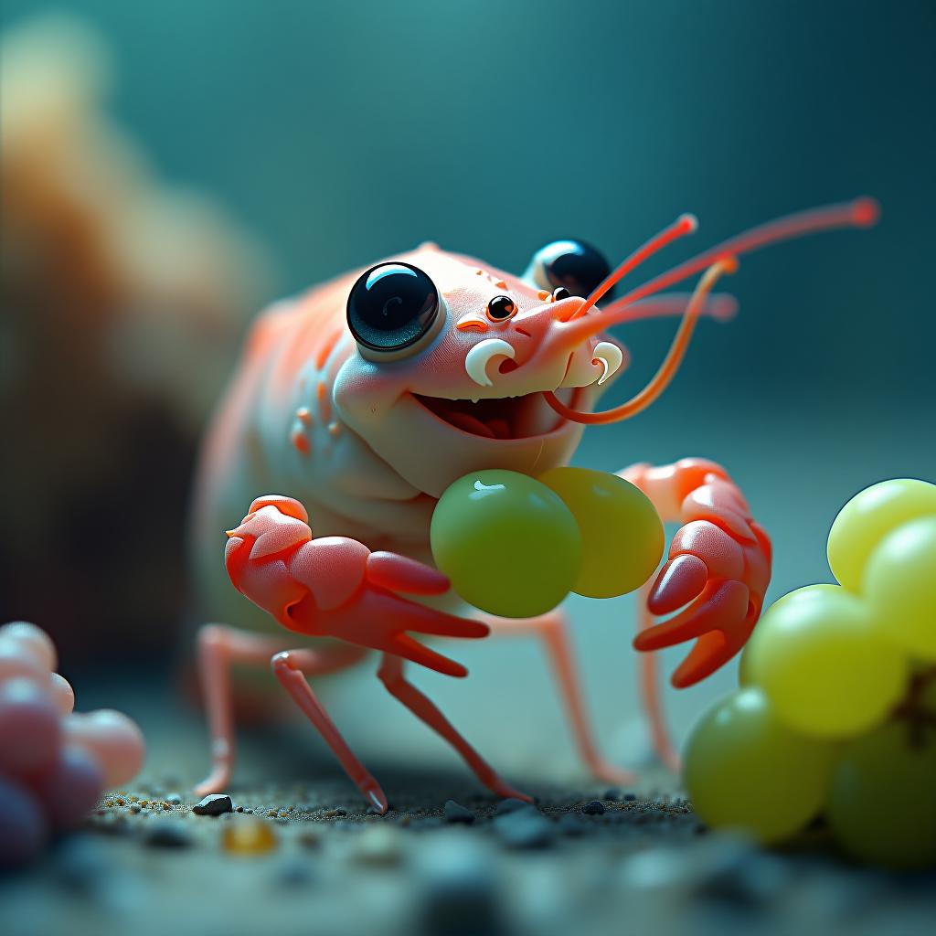  a colorless shrimp on the seabed smiles happily while eating green grapes. cartoon style. colorful. firooze hyperrealistic, full body, detailed clothing, highly detailed, cinematic lighting, stunningly beautiful, intricate, sharp focus, f/1. 8, 85mm, (centered image composition), (professionally color graded), ((bright soft diffused light)), volumetric fog, trending on instagram, trending on tumblr, HDR 4K, 8K