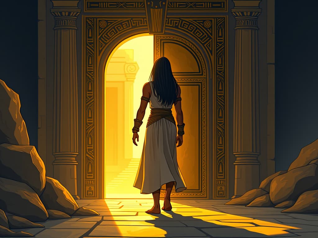  intricate golden door, half open, leading to an illuminated path, faintly visible treasure, representing unexplored and rewarding opportunities. the style is digital art illustration / modern comic book / mysterious occult, symbolic, esoteric vibe,high detail on character design, incorporating ancient egyptian symbology and attire.