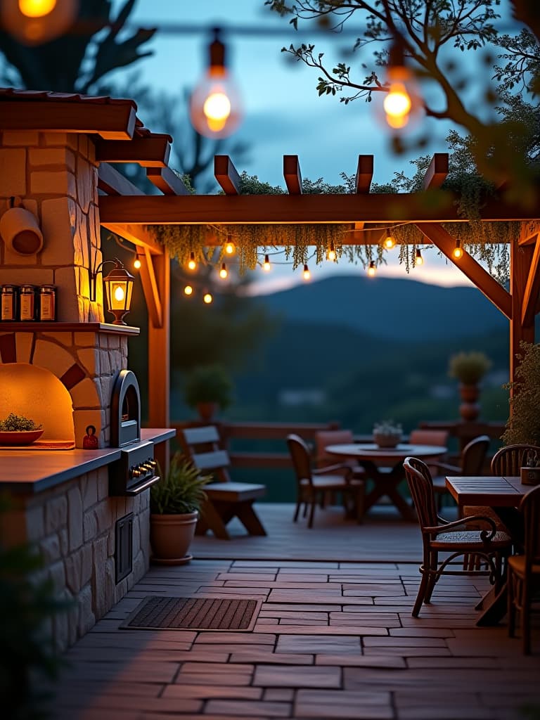  high quality portrait photo of a cozy rustic patio with a built in pizza oven, wooden pergola, and string lights, overlooking a serene garden landscape at twilight hyperrealistic, full body, detailed clothing, highly detailed, cinematic lighting, stunningly beautiful, intricate, sharp focus, f/1. 8, 85mm, (centered image composition), (professionally color graded), ((bright soft diffused light)), volumetric fog, trending on instagram, trending on tumblr, HDR 4K, 8K