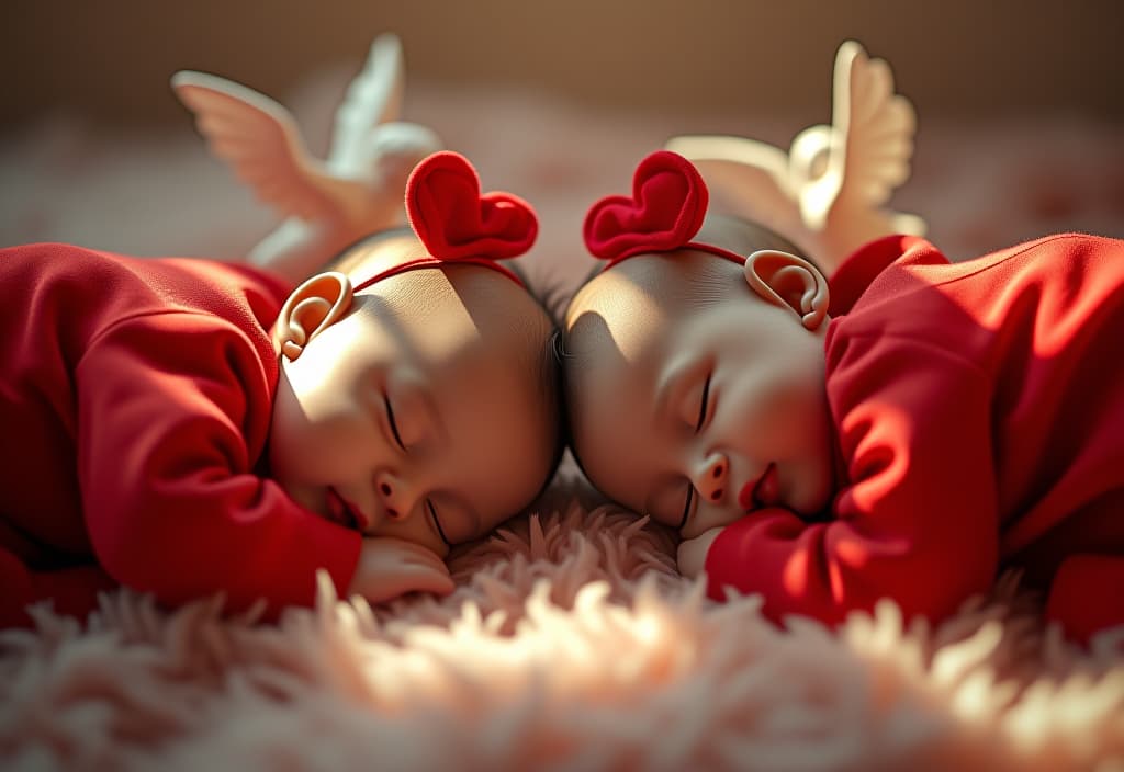  hyperrealistic art two little babies in red earls with hearts sleeping on the rug in rai, playing cupids and sunlight . extremely high resolution details, photographic, realism pushed to extreme, fine texture, incredibly lifelike hyperrealistic, full body, detailed clothing, highly detailed, cinematic lighting, stunningly beautiful, intricate, sharp focus, f/1. 8, 85mm, (centered image composition), (professionally color graded), ((bright soft diffused light)), volumetric fog, trending on instagram, trending on tumblr, HDR 4K, 8K