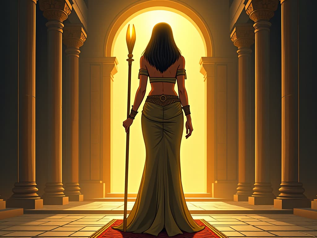  a large busted high priestess in a tight, flowing gown holding a glowing staff, standing at the entrance of an illuminated temple, light radiating, symbolizing enlightenment and guidance. the style is digital art illustration / modern comic book / mysterious occult, symbolic, esoteric vibe,high detail on character design, incorporating ancient egyptian symbology and attire.