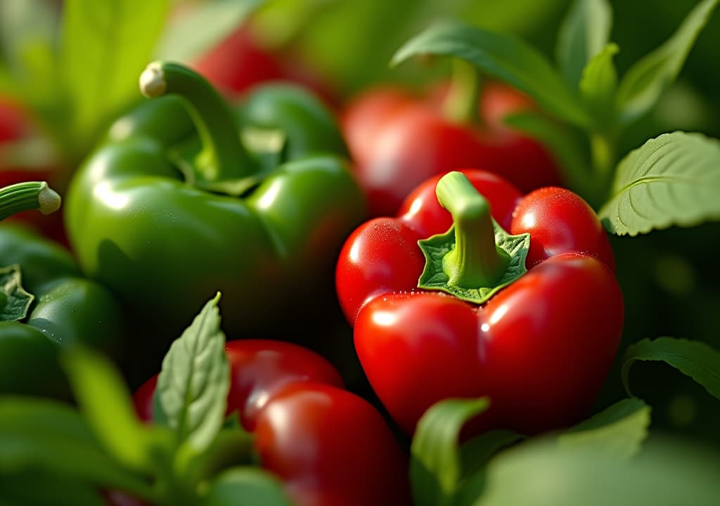  a close up of vibrant, glossy green and red bell peppers, nestled among lush green leaves, glistening with morning dew. soft sunlight filters through, highlighting the curves and textures, evoking a sense of natural beauty. hyperrealistic, full body, detailed clothing, highly detailed, cinematic lighting, stunningly beautiful, intricate, sharp focus, f/1. 8, 85mm, (centered image composition), (professionally color graded), ((bright soft diffused light)), volumetric fog, trending on instagram, trending on tumblr, HDR 4K, 8K