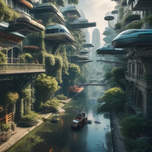 A photo of a magical forest city from the future with flying cars and robotic life