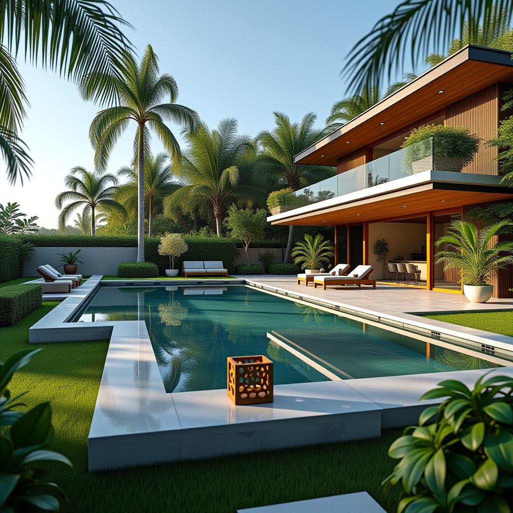  capture a stunningly beautiful, hyperrealistic 8k photograph using a dutch angle to showcase an outdoor design that emphasizes the exterior space, including meticulously landscaped gardens and architectural details of a house with an infinity pool. the image should be in sharp focus, unedited raw format, with symmetrical balance and hdr to enhance the intricate, highly detailed scenery. utilize bright, soft, diffused sunlight to highlight the dense furnishings and decorations. professionally color grade the scene using a palette of jungle mist (#b4cfd3), the dominant color, complemented by monte carlo (#83d0c6) and accented with half baked (#85c4cc). additional colors include quill gray (#d6d6d1) and jagged ice (#c2e8e5).