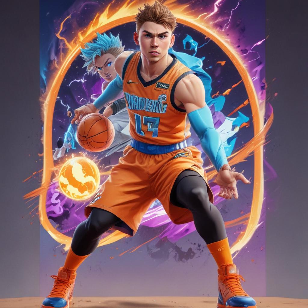 distance-shot, flashy, full-body, dynamic, holographic, animated cartoon poster of luka doncic in the style of dragon ball super