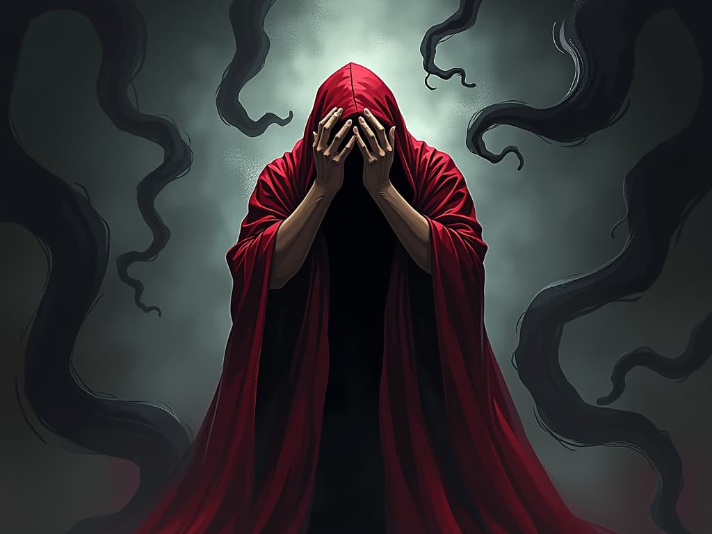  figure in tattered red robes, clutching head in dismay, surrounded by swirling shadows, aura of internal conflict and self awareness. the style is digital art illustration / modern comic book / graphic dark novel fantasy and mysterious occult, symbolic, moody lighting, esoteric vibe,high detail on character design. for the color scheme emphasize blacks and reds.