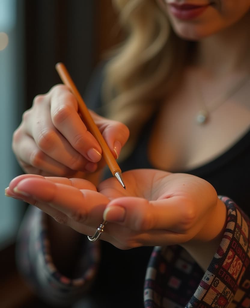  hdr photo of a woman applies a small amount of perfume to her wrist, hands, small pencil, application, close up . high dynamic range, vivid, rich details, clear shadows and highlights, realistic, intense, enhanced contrast, highly detailed