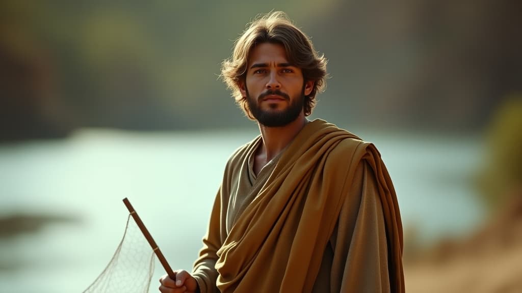  a vivid image of andrew, apostle of jesus, a humble man with a kind face, short beard, and tousled hair. dressed in biblical robes, he holds a small fishing net, reflecting his role before following jesus. the scene is set near the jordan river. hyperrealistic, full body, detailed clothing, highly detailed, cinematic lighting, stunningly beautiful, intricate, sharp focus, f/1. 8, 85mm, (centered image composition), (professionally color graded), ((bright soft diffused light)), volumetric fog, trending on instagram, trending on tumblr, HDR 4K, 8K