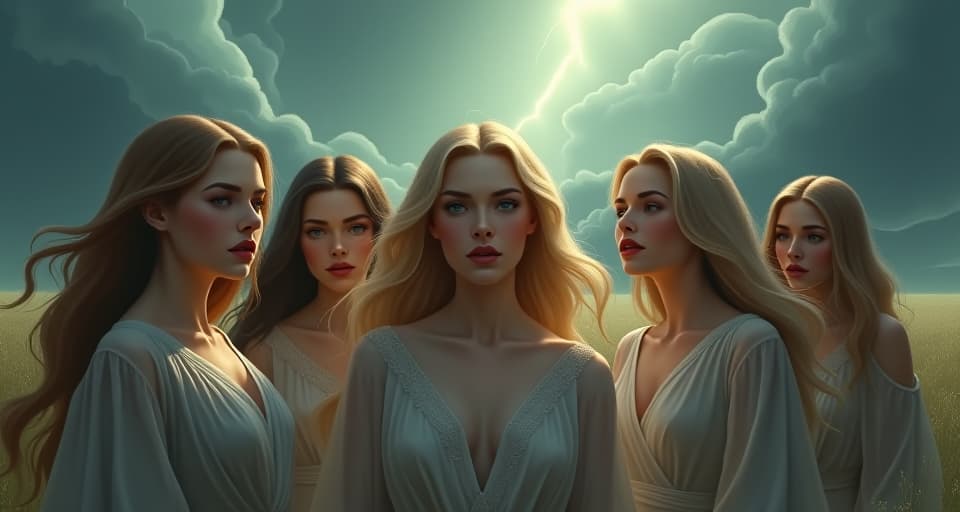  a group of women, ethereal and majestic, in a clearing, their faces twisted with jealousy, storm clouds swirling above, reflecting the powerful emotions.. the style is digital art illustration,highly detailed, whimsical,magical, dreamlike atmosphere, realism and fantasy blend, smooth, glossy textures,luminous quality, wonder and enchantment.