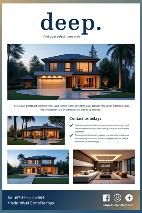  design a real estate flyer for 'deep': size: a4 or letter size. layout: two column layout with ample white space for a clean look. headline: 'find your perfect home with deep' at the top in bold font. images: include high quality images of featured properties, ideally 3 4 images in a grid format. text: briefly describe each property, including key features and pricing. add a short company description at the bottom with contact details. color scheme: use the brand colors—deep blue, white, and gold—throughout the flyer, with accents to highlight important information. call to action: 'contact us today' with phone number and website link in bold at the bottom. hyperrealistic, full body, detailed clothing, highly detailed, cinematic lighting, stunningly beautiful, intricate, sharp focus, f/1. 8, 85mm, (centered image composition), (professionally color graded), ((bright soft diffused light)), volumetric fog, trending on instagram, trending on tumblr, HDR 4K, 8K