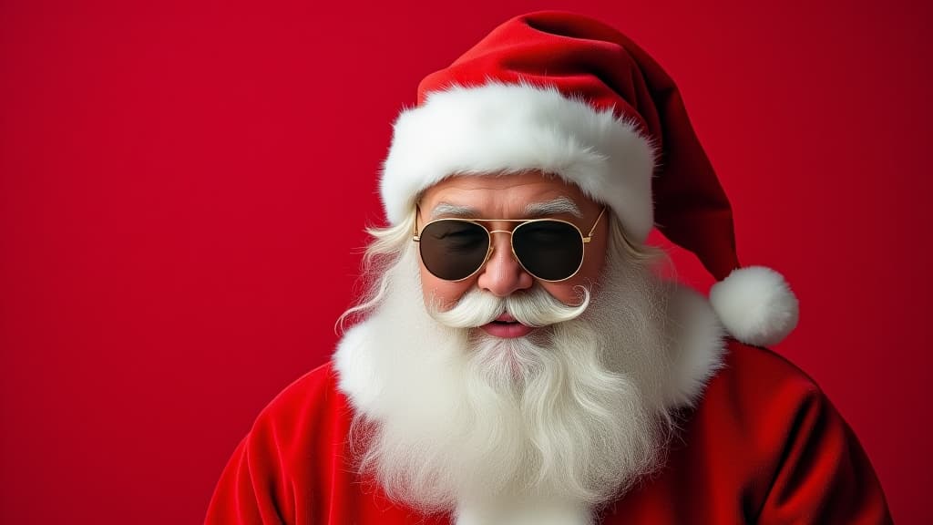  merry christmas holiday vacation winter greeting card cool hipster santa claus with sunglasses, isolated on red background