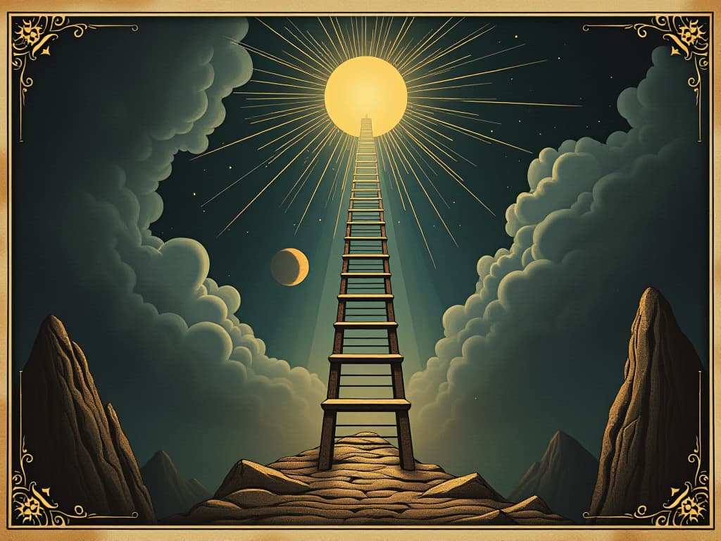  interconnected realms, celestial ladder illuminated, ethereal light, spiritual growth, realm connection. an illustration in the style of a worn, mystical old tarot trump card, mysterious and elements of surrealism. the colors are muted, somber and eerie, but with contrast bring out an occult and esoteric vibe.