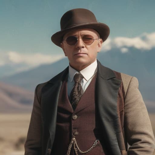 Old Reymond reddington with sunglasses in Steampunk style with Mountains background