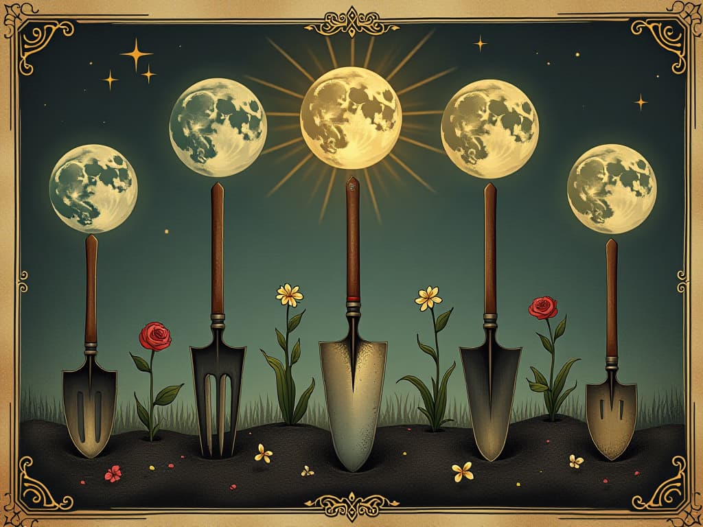  lunar phases depicted as gardening tools, moons transitioning from new to full, plants sprouting and blooming at each phase, radiant moonlight, growth, natural rhythm. an illustration in the style of a worn, mystical old tarot trump card, mysterious and elements of surrealism. the colors are muted, somber and eerie, but with contrast bring out an occult and esoteric vibe.