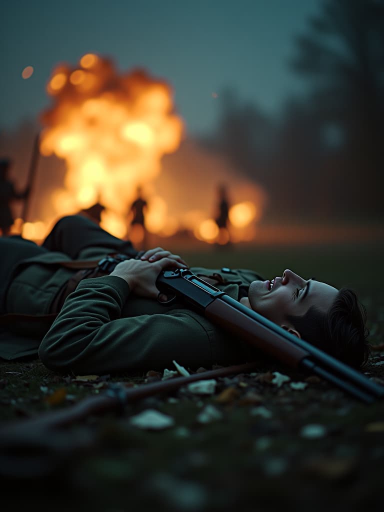  cinematic film still still from the film, an english soldier with a musket lies unconscious on the ground, everything explodes behind him, fragments fly, night, dim light from the explosions. . shallow depth of field, vignette, highly detailed, high budget, bokeh, cinemascope, moody, epic, gorgeous, film grain, grainy