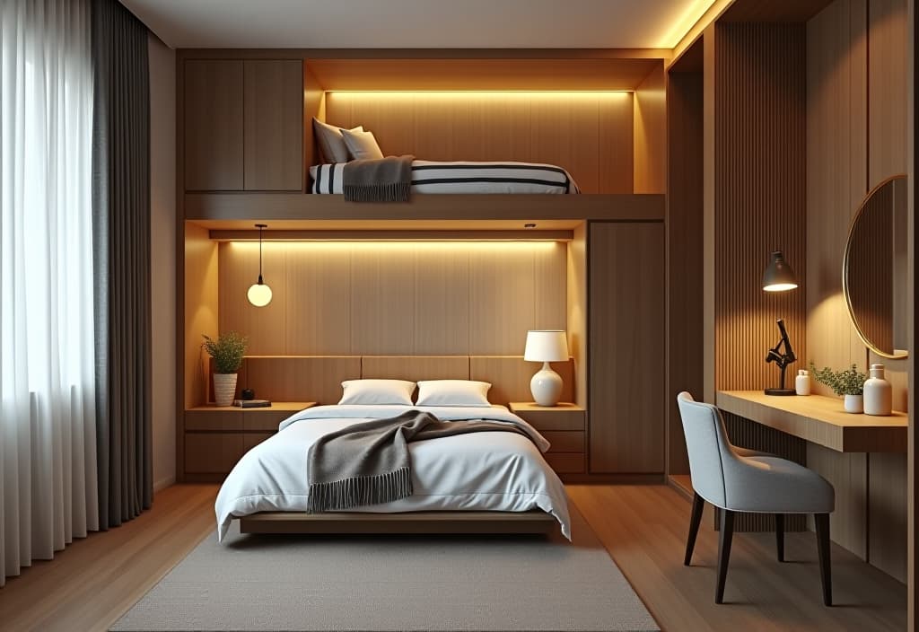  a landscape photo of a small bedroom with a loft bed, built in wardrobes, and a compact vanity area, showcasing clever use of vertical space and hidden storage hyperrealistic, full body, detailed clothing, highly detailed, cinematic lighting, stunningly beautiful, intricate, sharp focus, f/1. 8, 85mm, (centered image composition), (professionally color graded), ((bright soft diffused light)), volumetric fog, trending on instagram, trending on tumblr, HDR 4K, 8K