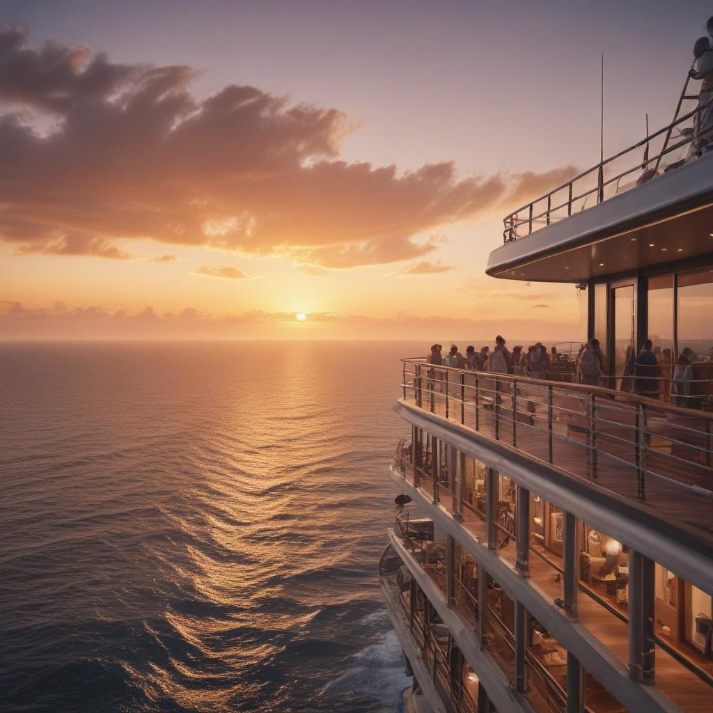 A luxury cruise ship sails on the open ocean at sunset, its decks aglow with warm lights. Passengers enjoy the view from balconies, anticipating the global journey ahead that promises diverse cultures, natural wonders, and the adventure of a lifetime.ultra-detailed, 4k hyperrealistic, full body, detailed clothing, highly detailed, cinematic lighting, stunningly beautiful, intricate, sharp focus, f/1. 8, 85mm, (centered image composition), (professionally color graded), ((bright soft diffused light)), volumetric fog, trending on instagram, trending on tumblr, HDR 4K, 8K