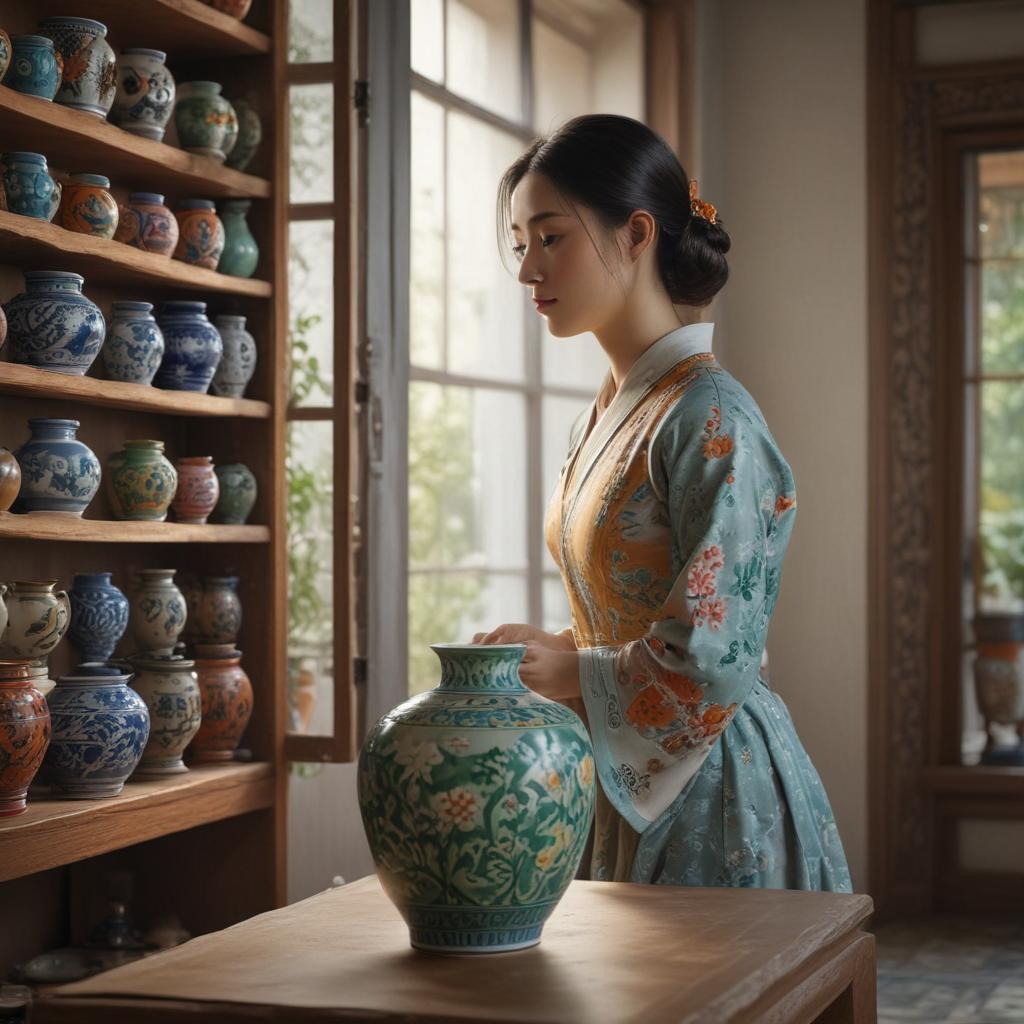 ((masterpiece)),(((best quality))), 8k, high detailed, ultra detailed,A visit to Yingge Ceramics Museum, a girl admiring a porcelain vase, shelves filled with colorful pottery, intricate ceramic sculptures, natural light filtering through large windows hyperrealistic, full body, detailed clothing, highly detailed, cinematic lighting, stunningly beautiful, intricate, sharp focus, f/1. 8, 85mm, (centered image composition), (professionally color graded), ((bright soft diffused light)), volumetric fog, trending on instagram, trending on tumblr, HDR 4K, 8K