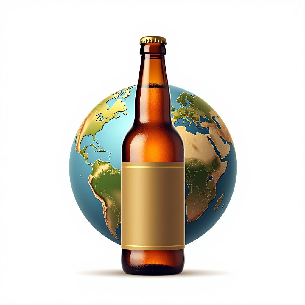  create an icon on a white background where a beer bottle stands in front of a globe, with the earth designed as a label wrapped around the bottle. the label should feature the continents clearly, with the bottle and earth blending smoothly. the style should be simple and visually appealing, ideal for a beer e commerce logo., (4k, best quality, masterpiece:1.2), ultrahigh res, highly detailed, sharp focus, (perfect image composition)