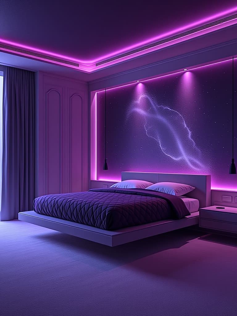  high quality portrait photo of a luxurious bedroom with deep purple walls adorned with silver constellation patterns, featuring a floating bed that appears to hover in space hyperrealistic, full body, detailed clothing, highly detailed, cinematic lighting, stunningly beautiful, intricate, sharp focus, f/1. 8, 85mm, (centered image composition), (professionally color graded), ((bright soft diffused light)), volumetric fog, trending on instagram, trending on tumblr, HDR 4K, 8K