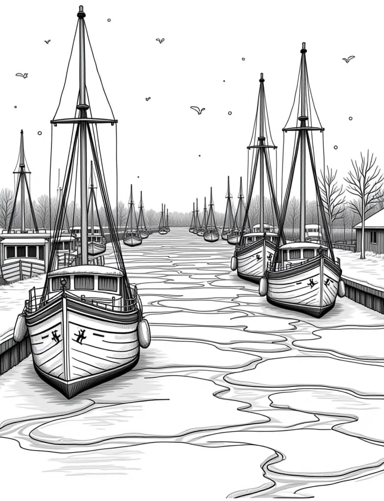  this is for an adult coloring page. a detailed black and white line art of a snowy snowy harbor with boats covered in ice on a solid white background.