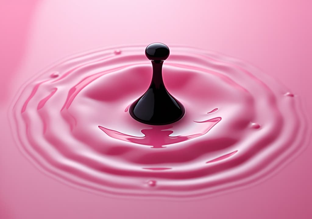  drops of water on a pink surface with a black object in the center of the photo, and a black object in the foreground