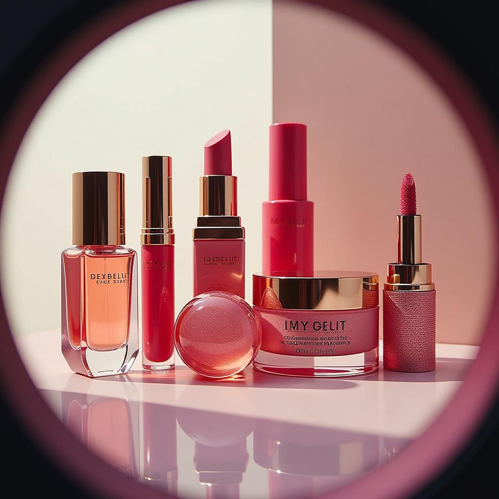  create a sleek image of luxury cosmetics displayed in an artistic arrangement, viewed through a fish eye lens. the products should reflect a blend of elegance and modernity, showcasing vibrant colors and intricate packaging. the composition should evoke a sense of opulence and sophistication, while subtly highlighting the transformative power of beauty. capture the essence of glamour and allure, creating an immersive experience that invites viewers to explore the world of high end cosmetics. the setting should be minimal yet captivating, drawing attention to the products and their unique designs, alluding to themes of self expression and confidence.