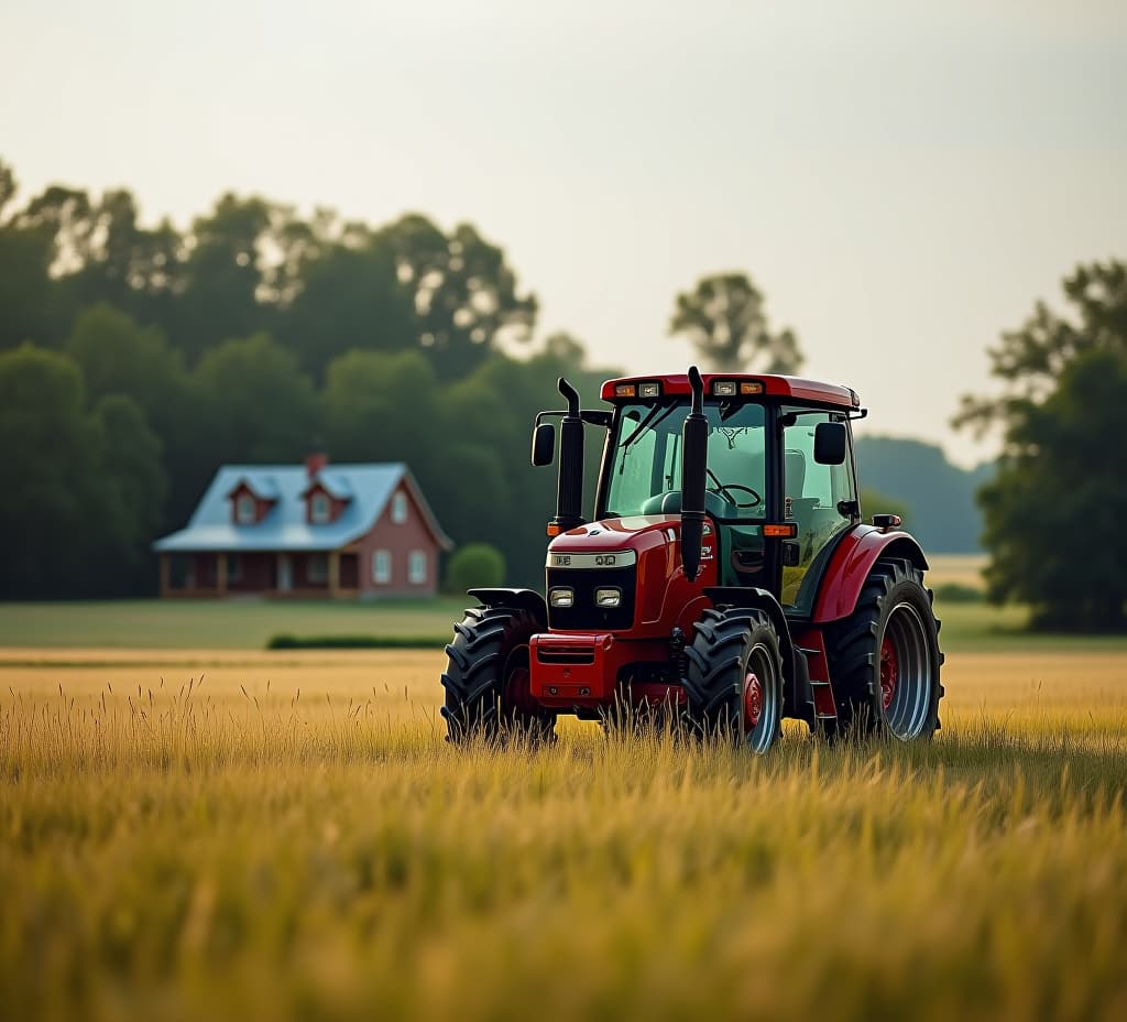  a red tractor in a field with trees and a house in the background