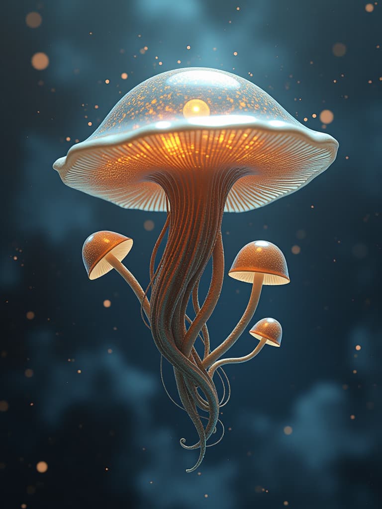  design an abstract life form that represents a celestial spore engine, merging the delicate forms of spores and mushrooms with sleek, futuristic mechanical elements. this life form should be suspended in a cosmic environment, with swirling galaxies and sparkling stars in the background. the mushroom aspects should manifest as translucent, ethereal caps that release glimmering spores, while the mechanical parts are crafted from shiny, reflective materials, resembling components of a spaceship. the artistic style should capture the essence of surrealism, with dreamlike colors and forms that bend reality. incorporate elements of movement, as if the spores are being propelled into space, suggesting a journey of discovery and exploration across  hyperrealistic, full body, detailed clothing, highly detailed, cinematic lighting, stunningly beautiful, intricate, sharp focus, f/1. 8, 85mm, (centered image composition), (professionally color graded), ((bright soft diffused light)), volumetric fog, trending on instagram, trending on tumblr, HDR 4K, 8K