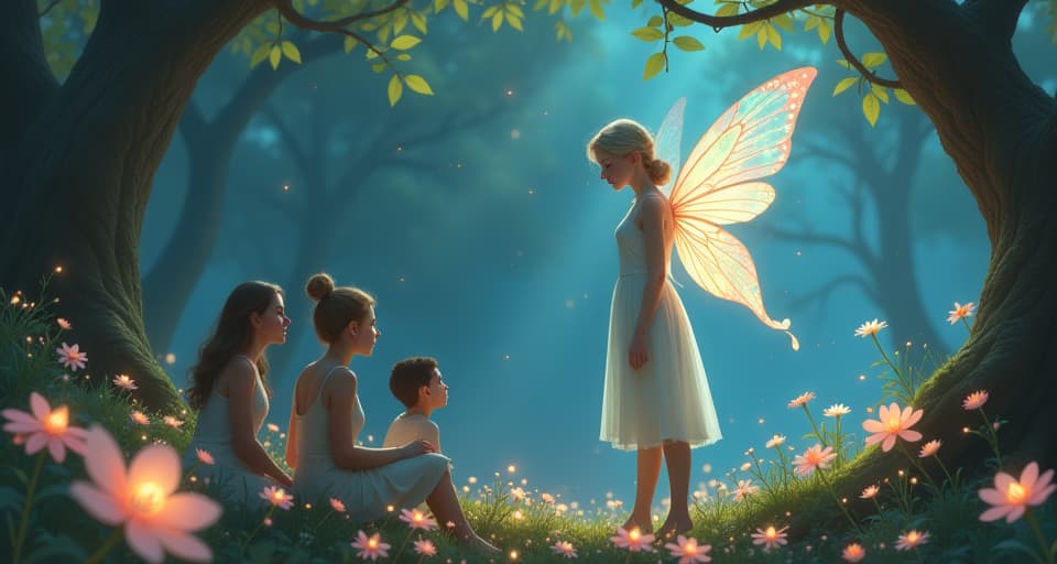  an ethereal fairy with translucent wings and a glowing aura, standing apart from a group of whispering figures. her expression is one of quiet knowledge, and the surrounding luminescent flowers and trees emit a soft, contemplative light, symbolizing unspoken understanding.. the style is digital art illustration,highly detailed, whimsical,magical, dreamlike atmosphere, realism and fantasy blend, smooth, glossy textures,luminous quality, wonder and enchantment.