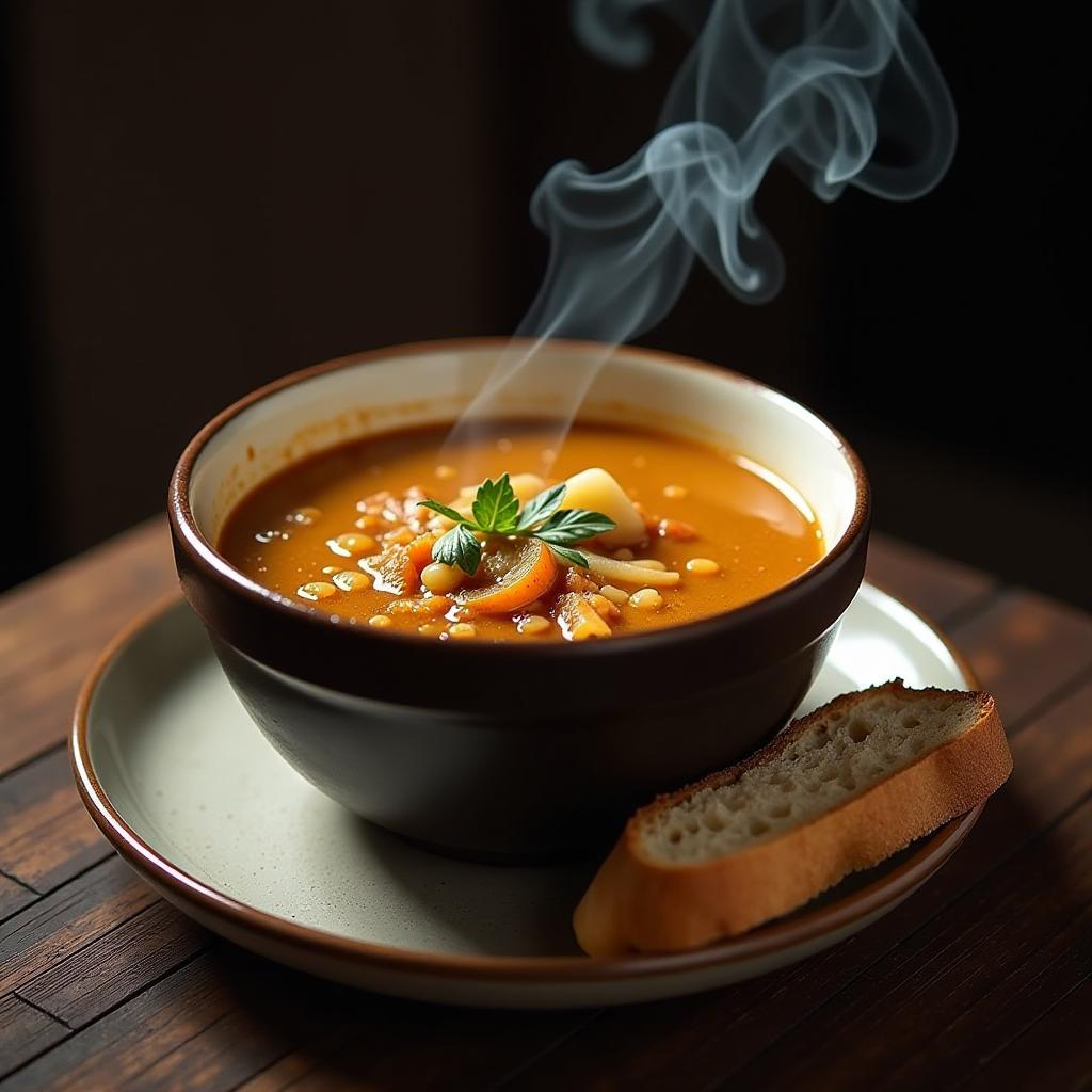  smoking bowl with a slice of bread on the side french onion soup,