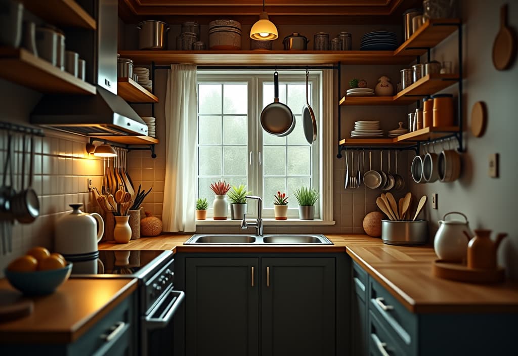  a landscape photo of a compact kitchen with clever overhead hanging rack storage, showcasing pots, pans, and utensils neatly arranged, with warm lighting and a cozy atmosphere hyperrealistic, full body, detailed clothing, highly detailed, cinematic lighting, stunningly beautiful, intricate, sharp focus, f/1. 8, 85mm, (centered image composition), (professionally color graded), ((bright soft diffused light)), volumetric fog, trending on instagram, trending on tumblr, HDR 4K, 8K