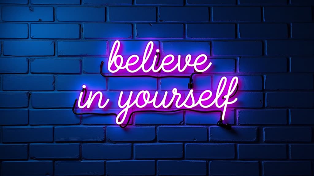  empowering neon message on brick wall. 'believe in yourself' neon sign offers inspiration against a textured blue backdrop