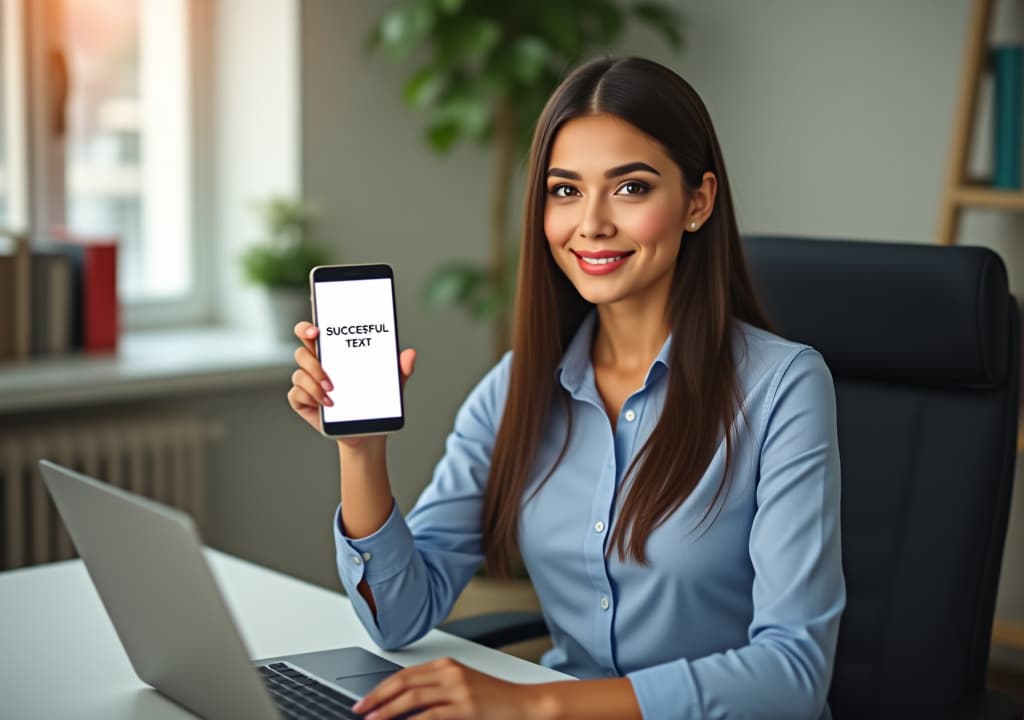  businesswoman holding phone with text payment successful on screen display, sitting in office chair at desk or table with laptop notebook on workplace. online internet shopping, purchase invoice