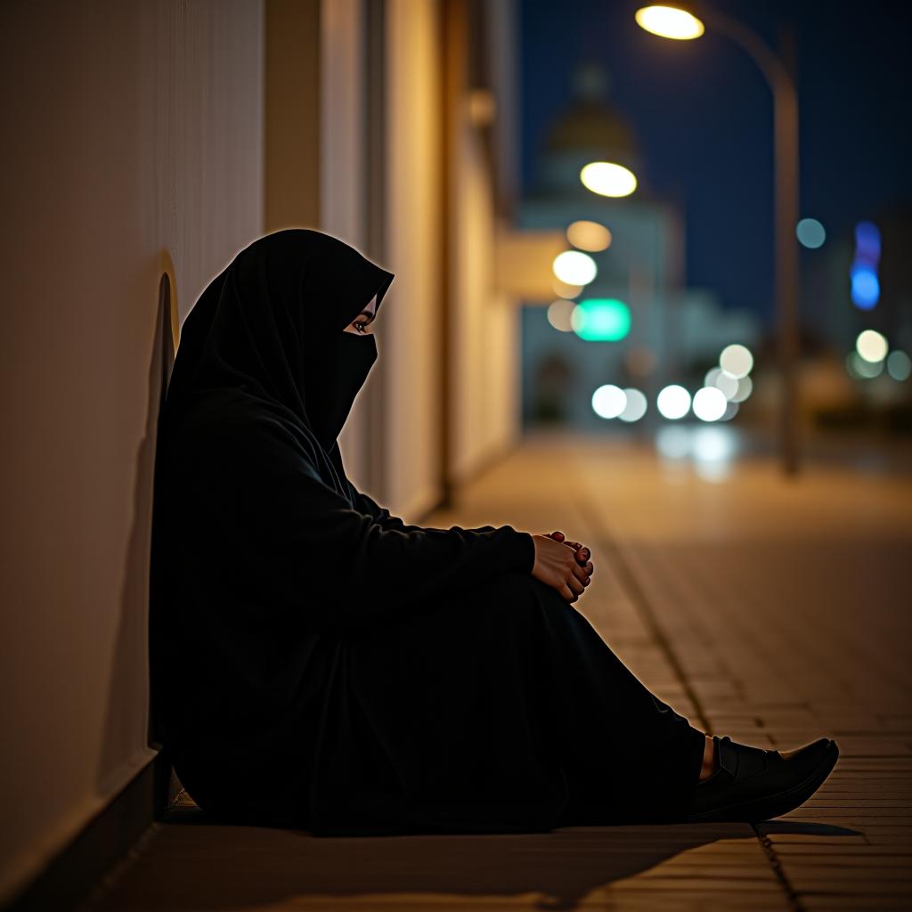  a muslim woman in a black niqab is sitting in a corner at night.