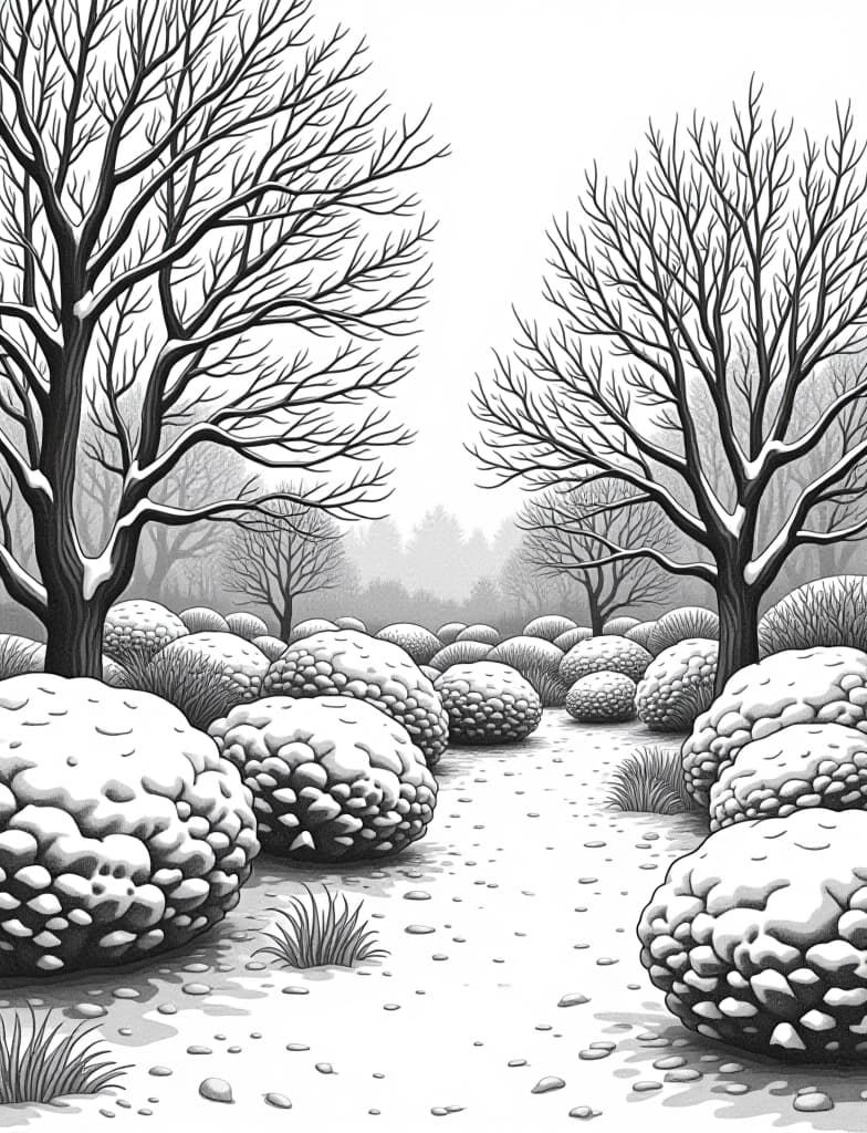  this is for an adult coloring page. a detailed black and white line art of a snowy winter garden with bare trees and snow covered shrubs on a solid white background.