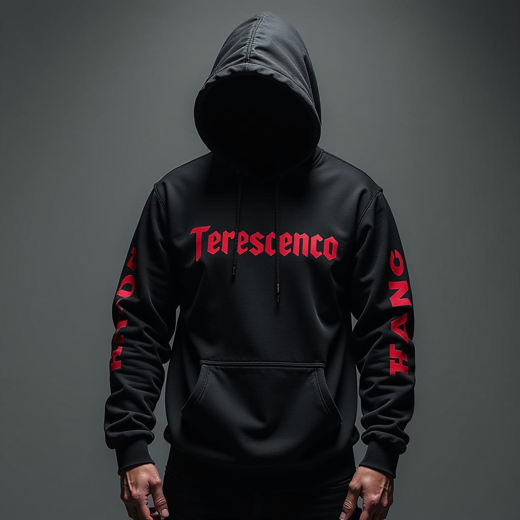  a black hoodie with the name terescenco in an aggressive style, featuring red, black, and white colors, and in a sporty style. hyperrealistic, full body, detailed clothing, highly detailed, cinematic lighting, stunningly beautiful, intricate, sharp focus, f/1. 8, 85mm, (centered image composition), (professionally color graded), ((bright soft diffused light)), volumetric fog, trending on instagram, trending on tumblr, HDR 4K, 8K