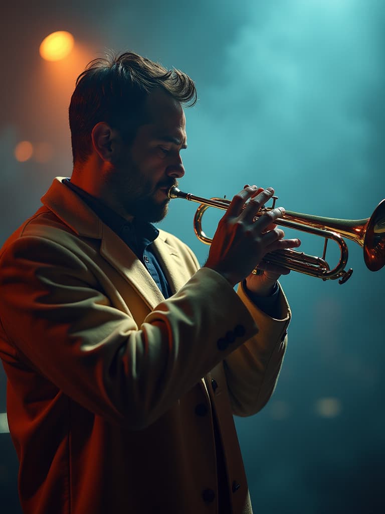  a man playing a trumpet hyperrealistic, full body, detailed clothing, highly detailed, cinematic lighting, stunningly beautiful, intricate, sharp focus, f/1. 8, 85mm, (centered image composition), (professionally color graded), ((bright soft diffused light)), volumetric fog, trending on instagram, trending on tumblr, HDR 4K, 8K