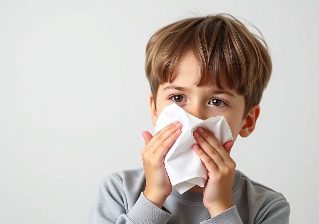  young boy sneezing into a tissue with a plain white background. represents common cold or allergy symptoms in a clean and simple setting.